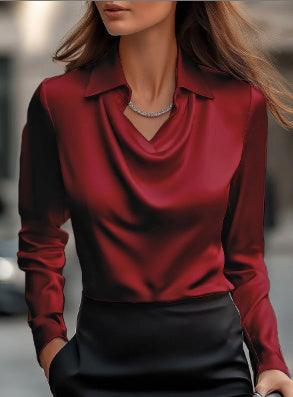 Women’s Satin Draped Swing Collar Blouse – Elegant Long Sleeve Office Top