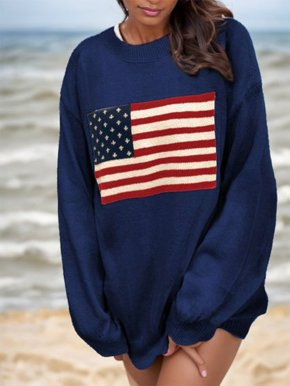 Women’s USA Flag Drop Shoulder Sweater – Long Sleeve Casual Knit Top