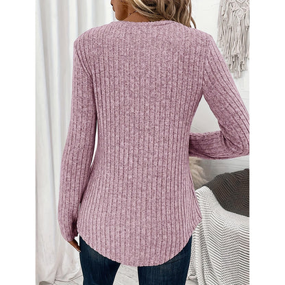 Slim Rib V-Tunic – Women’s Ribbed Knit Long-Sleeve V-Neck Button Down Top