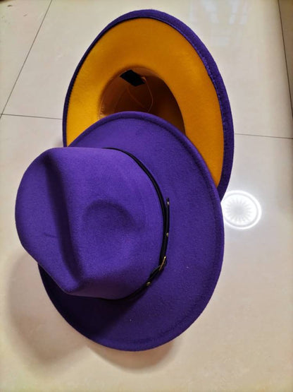 Woolen Top Color Matching Flat Brim Fedora Jazz Hat