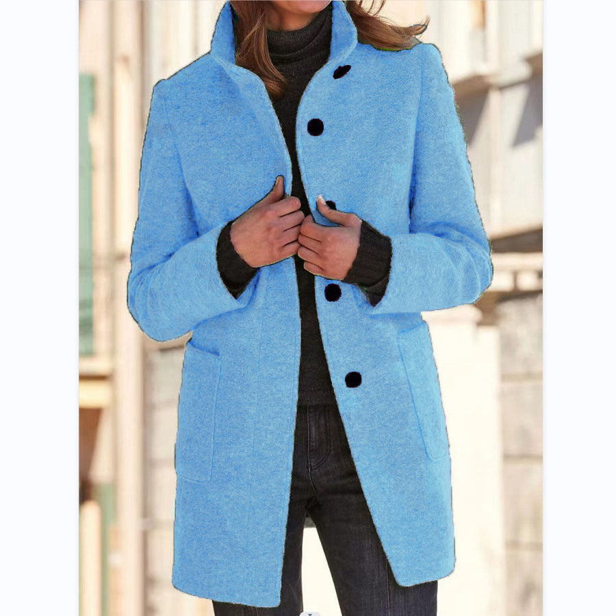 EleganceWool Stand Collar Coat – Warm Fall & Winter Button Outwear for Women