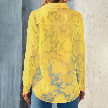 Women’s Sheer Jacquard Button-Down Shirt – V-Neck Long Sleeve Blouse