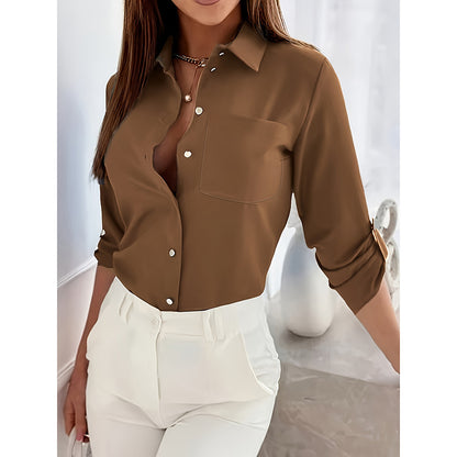 Women’s V-Neck Button-Down Blouse – Rolled Sleeve Dressy Casual Top