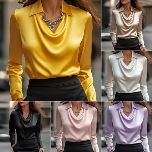 Women’s Satin Draped Swing Collar Blouse – Elegant Long Sleeve Office Top