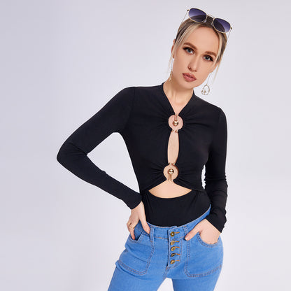 Women’s Metal Accent Slim Fit Top – Modern Minimalist Fashion Blouse