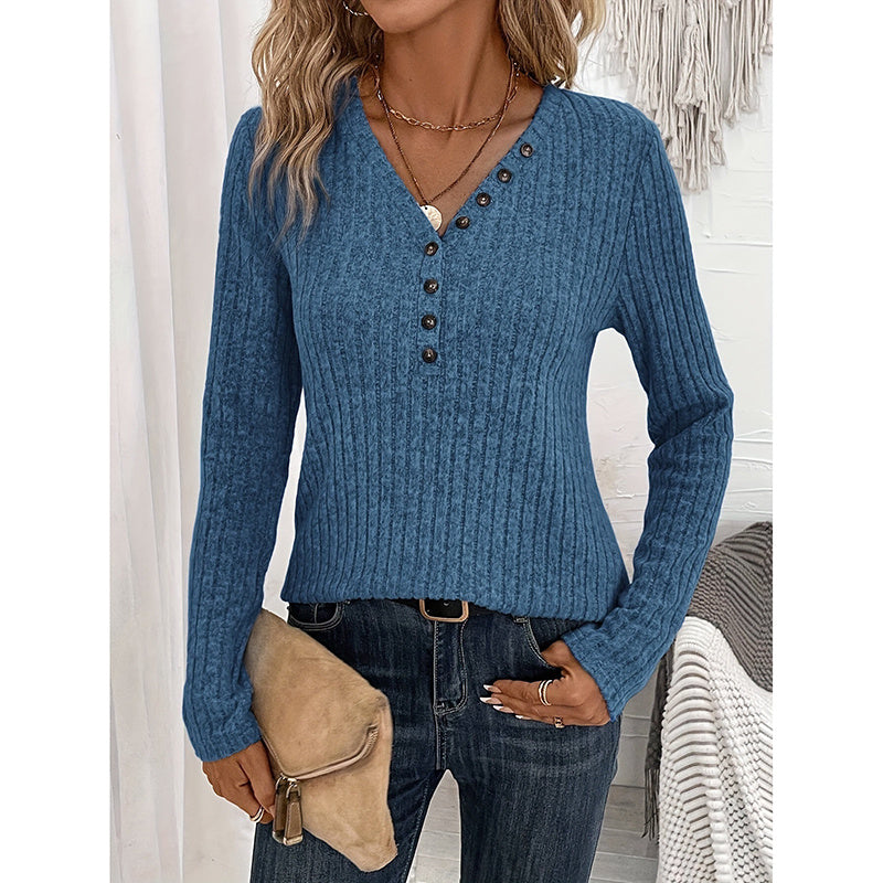 Slim Rib V-Tunic – Women’s Ribbed Knit Long-Sleeve V-Neck Button Down Top
