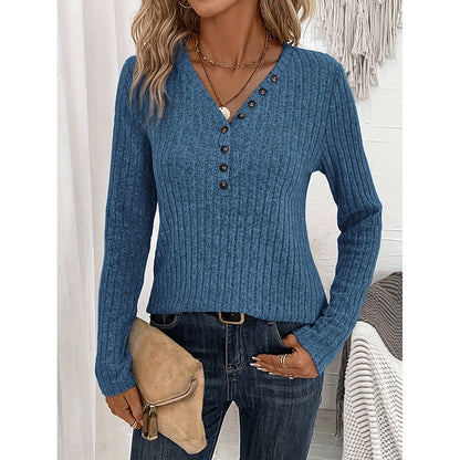 Slim Rib V-Tunic – Women’s Ribbed Knit Long-Sleeve V-Neck Button Down Top