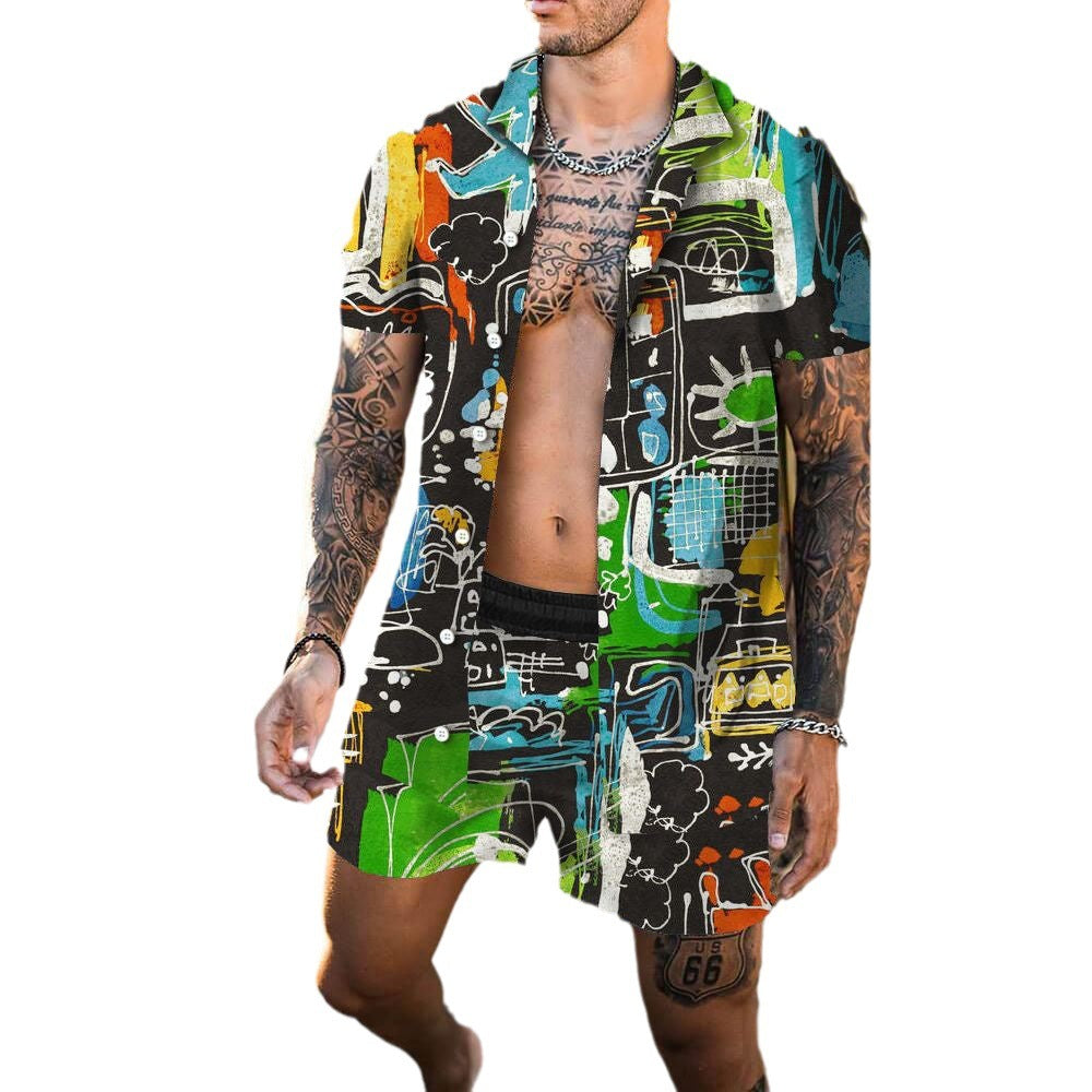 PrintEra Men’s 3D Lapel Slim Fit Short Sleeve Shirt