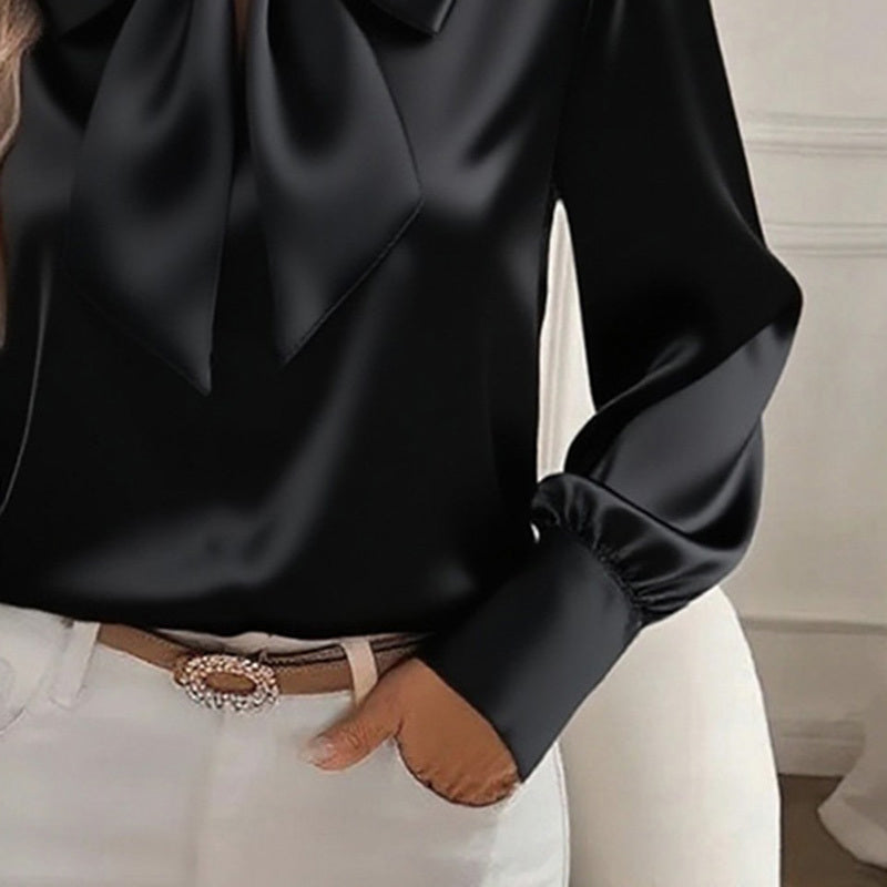 Women’s Satin Long Sleeve Bow-Tie Blouse – Solid Color Casual Top