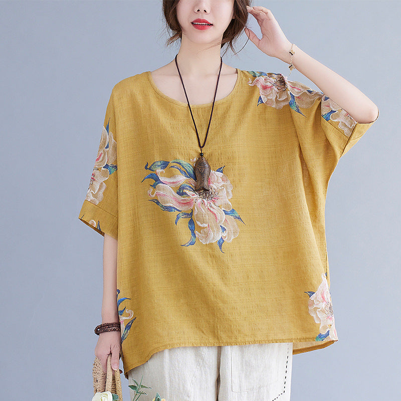 Korean Cotton Linen Half-Sleeve Summer Top