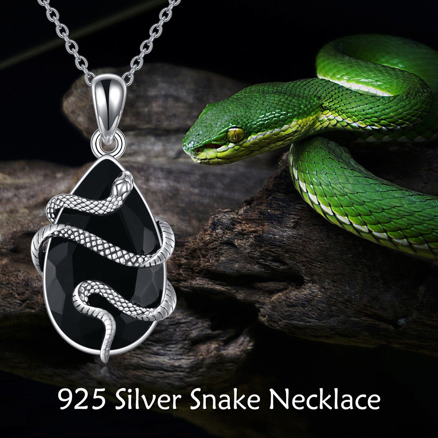 Sterling Silver Crystal Snake Necklace – Black Obsidian & Tourmaline