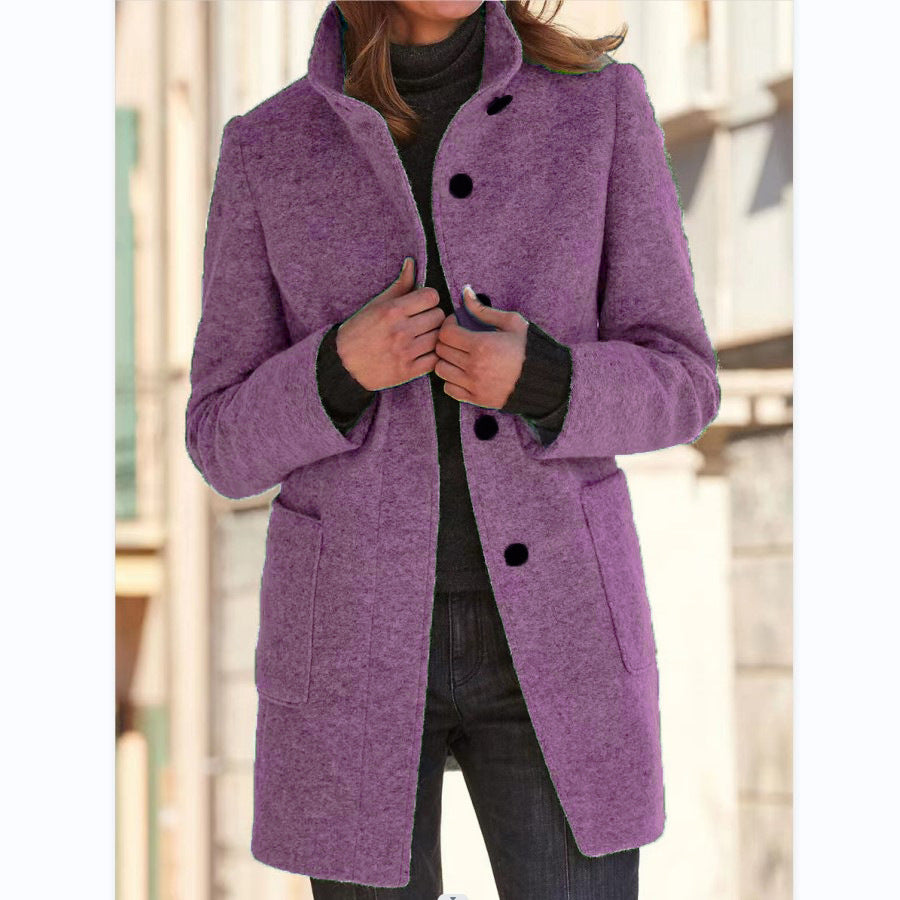 EleganceWool Stand Collar Coat – Warm Fall & Winter Button Outwear for Women