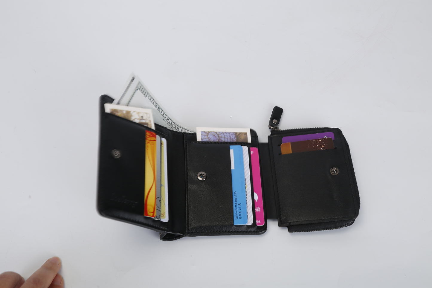 Trifold Leather Wallet with Zipper & 14 Card Slots