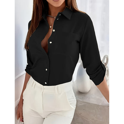 Women’s V-Neck Button-Down Blouse – Rolled Sleeve Dressy Casual Top