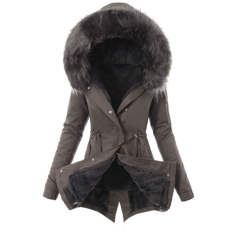 Fur Trim Cozy Draw Coat – Women’s Warm Solid Color Winter Cotton Jacket