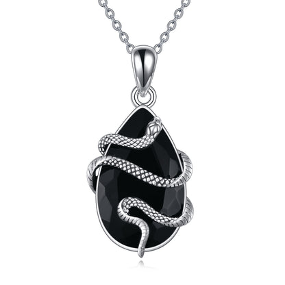 Sterling Silver Crystal Snake Necklace – Black Obsidian & Tourmaline