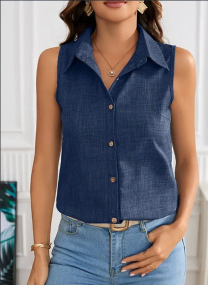 Women’s Sleeveless Button-Front Collar Blouse – Spring & Summer Top
