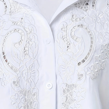 Women’s Contrast Lace Button-Down Blouse – Long Sleeve Fall Fashion Top