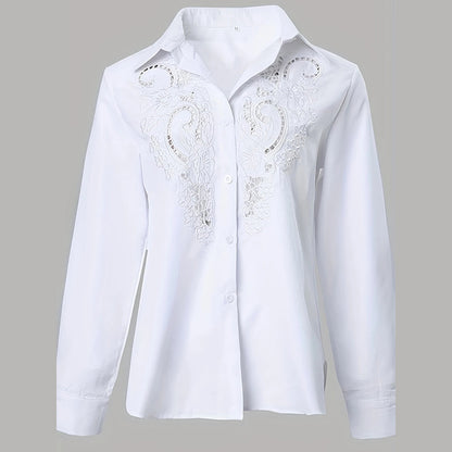 Women’s Contrast Lace Button-Down Blouse – Long Sleeve Fall Fashion Top