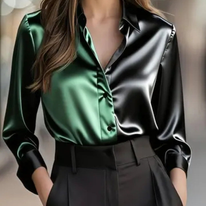 Women’s Colorblock Button-Down Blouse – Long Sleeve Collared Top