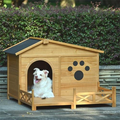 48" Wooden Outdoor Dog House with Porch & Waterproof Roof – Cozy Medium Pet Kennel with Fence