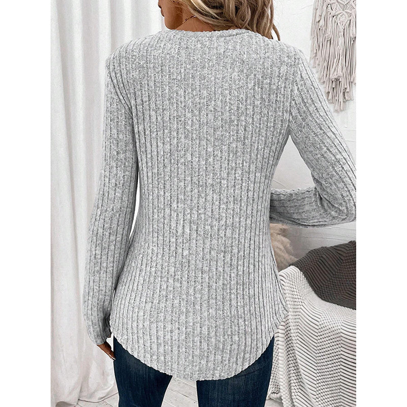 Slim Rib V-Tunic – Women’s Ribbed Knit Long-Sleeve V-Neck Button Down Top