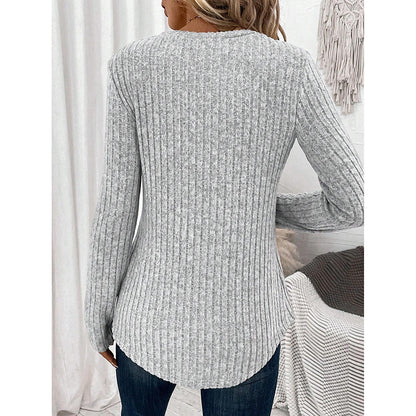 Slim Rib V-Tunic – Women’s Ribbed Knit Long-Sleeve V-Neck Button Down Top
