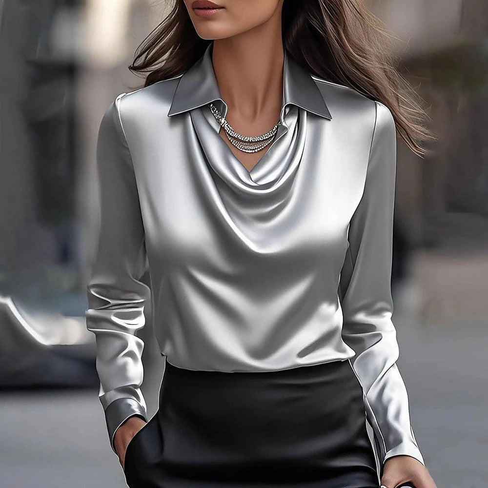 Women’s Satin Draped Swing Collar Blouse – Elegant Long Sleeve Office Top