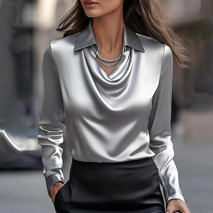 Women’s Satin Draped Swing Collar Blouse – Elegant Long Sleeve Office Top