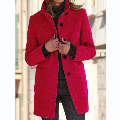 EleganceWool Stand Collar Coat – Warm Fall & Winter Button Outwear for Women