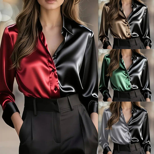 Women’s Colorblock Button-Down Blouse – Long Sleeve Collared Top