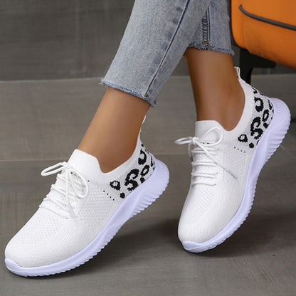 Women’s White Leopard Print Lace-Up Sneakers – Trendy Casual Sports Shoes