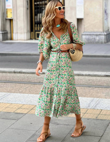Women’s Printed V-Neck Puff Sleeve Dress – Elegant Temperament Floral Midi Dress