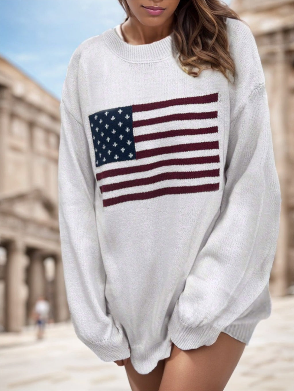 Women’s USA Flag Drop Shoulder Sweater – Long Sleeve Casual Knit Top