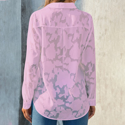 Women’s Sheer Jacquard Button-Down Shirt – V-Neck Long Sleeve Blouse