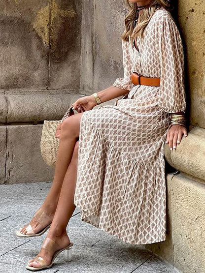 Women’s Printed V-Neck Puff Sleeve Dress – Elegant Temperament Floral Midi Dress