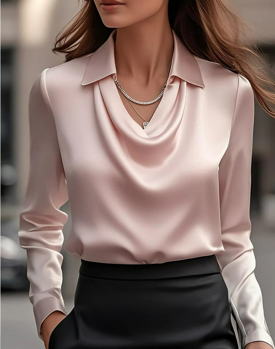 Women’s Satin Draped Swing Collar Blouse – Elegant Long Sleeve Office Top