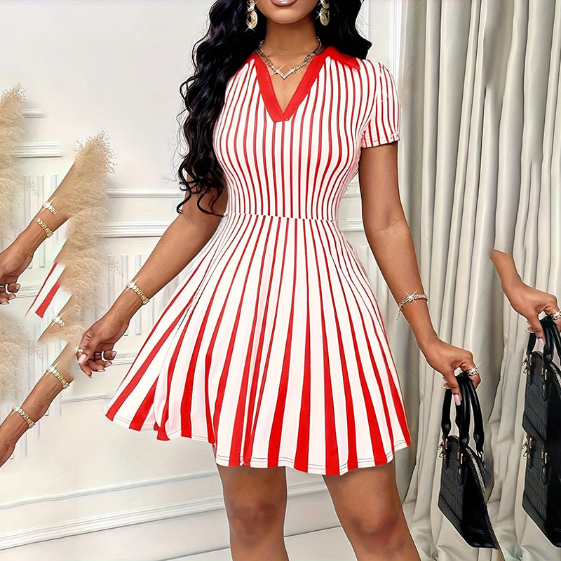 Women’s Striped Polo Dress – Elegant V-Neck Short Sleeve A-Line Summer Dress