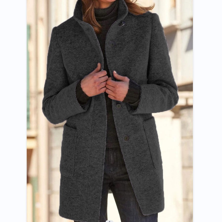 EleganceWool Stand Collar Coat – Warm Fall & Winter Button Outwear for Women