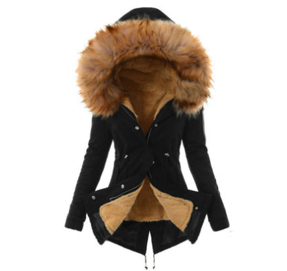 Fur Trim Cozy Draw Coat – Women’s Warm Solid Color Winter Cotton Jacket