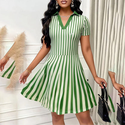 Women’s Striped Polo Dress – Elegant V-Neck Short Sleeve A-Line Summer Dress