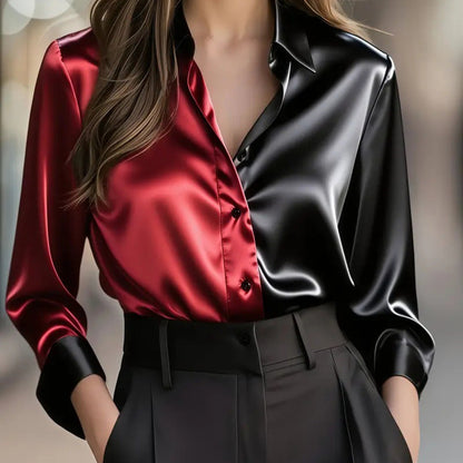 Women’s Colorblock Button-Down Blouse – Long Sleeve Collared Top