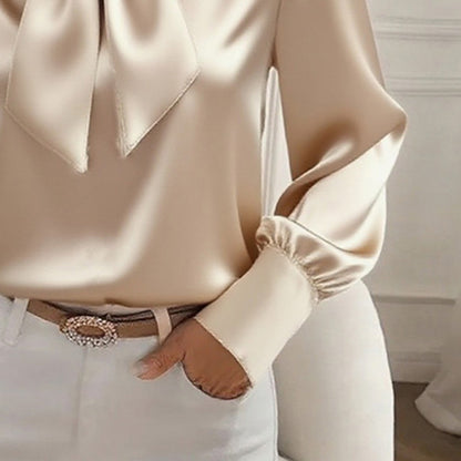 Women’s Satin Long Sleeve Bow-Tie Blouse – Solid Color Casual Top