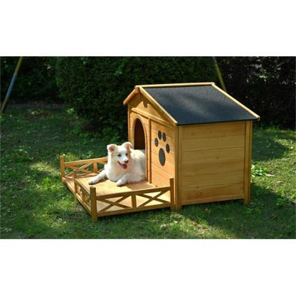 48" Wooden Outdoor Dog House with Porch & Waterproof Roof – Cozy Medium Pet Kennel with Fence