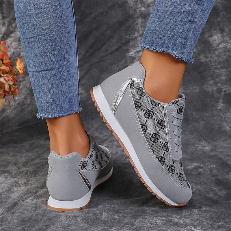 Women’s Flower Print Lace-Up Sneakers – Lightweight Breathable Casual Running Shoes