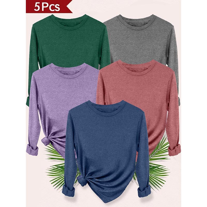 Essential Fall 5-Pack Tees – Women’s Long-Sleeve Crew Neck Basic Tops Set (2025 Collection)