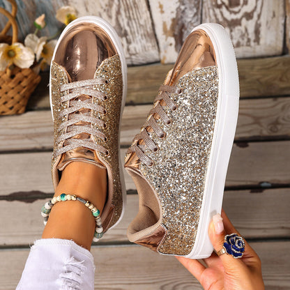 Women’s Plus Size Sequined Lace-Up Sneakers – Shiny Casual Solid Color Board Shoes