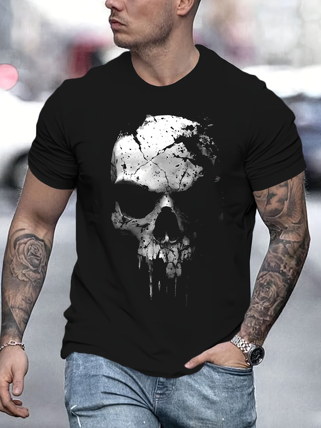 Featuring A 3D Digital Shattered Skull Pattern And A Round Neck Short Sleeved T-shirt