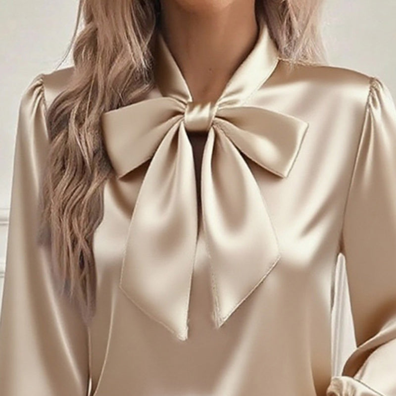 Women’s Satin Long Sleeve Bow-Tie Blouse – Solid Color Casual Top