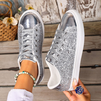 Women’s Plus Size Sequined Lace-Up Sneakers – Shiny Casual Solid Color Board Shoes